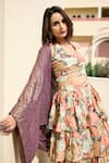 BAARO MASI_Multi Color Crepe Shimmer Print Floral Halter Neck Soniya Layered Lehenga Set _Online_at_Aza_Fashions