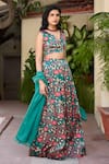 Buy_BAARO MASI_Green Modal Satin Print Floral V Neck Rasika Garden Lehenga Set _Online_at_Aza_Fashions