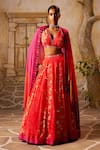 Buy_Basil Leaf_Peach Crepe Embroidery Floral V-neck Mirror Kalidar Lehenga Set _at_Aza_Fashions