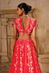 Shop_Basil Leaf_Peach Crepe Embroidery Floral V-neck Mirror Kalidar Lehenga Set _at_Aza_Fashions