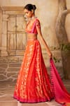 Basil Leaf_Peach Crepe Embroidery Floral V-neck Mirror Kalidar Lehenga Set _Online_at_Aza_Fashions