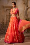 Buy_Basil Leaf_Peach Crepe Embroidery Floral V-neck Mirror Kalidar Lehenga Set _Online_at_Aza_Fashions