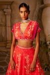 Shop_Basil Leaf_Peach Crepe Embroidery Floral V-neck Mirror Kalidar Lehenga Set _Online_at_Aza_Fashions