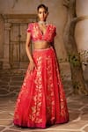 Basil Leaf_Peach Crepe Embroidery Floral V-neck Mirror Kalidar Lehenga Set _at_Aza_Fashions