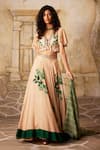 Buy_Basil Leaf_Beige Chinon Chiffon Print Stripe V-neck Tropical Ruffle Lehenga Set _at_Aza_Fashions