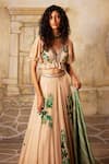 Basil Leaf_Beige Chinon Chiffon Print Stripe V-neck Tropical Ruffle Lehenga Set _Online_at_Aza_Fashions