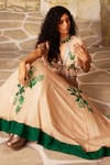 Buy_Basil Leaf_Beige Chinon Chiffon Print Stripe V-neck Tropical Ruffle Lehenga Set _Online_at_Aza_Fashions