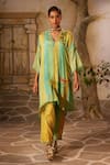 Buy_Basil Leaf_Green Chinon Chiffon Print Floral Bird V-neck Asymmetrical Kurta With Pant _at_Aza_Fashions