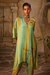 Buy_Basil Leaf_Green Chinon Chiffon Print Floral Bird V-neck Asymmetrical Kurta With Pant _Online_at_Aza_Fashions