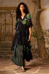 Buy_Basil Leaf_Black Crepe Print Floral V-neck Asymmetric Kurta With Flared Pant _at_Aza_Fashions