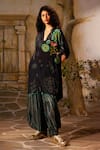 Basil Leaf_Black Crepe Print Floral V-neck Asymmetric Kurta With Flared Pant _Online_at_Aza_Fashions