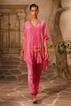 Buy_Basil Leaf_Pink Crepe Print Floral Bird V-neck High Low Kurta With Pant _at_Aza_Fashions