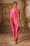 Basil Leaf_Pink Crepe Print Floral Bird V-neck High Low Kurta With Pant _Online_at_Aza_Fashions