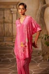 Buy_Basil Leaf_Pink Crepe Print Floral Bird V-neck High Low Kurta With Pant _Online_at_Aza_Fashions