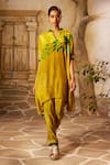 Buy_Basil Leaf_Green Crepe Print Floral Bird Band Collar Asymmetric Kurta With Pant _at_Aza_Fashions