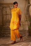 Basil Leaf_Yellow Chinon Chiffon Print Floral Bird Embroidered High Low Kurta With Pant _Online_at_Aza_Fashions