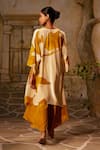 Shop_Basil Leaf_Yellow Crepe Print Bird V-neck Asymmetric Kurta With Flared Pant _at_Aza_Fashions