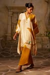 Basil Leaf_Yellow Crepe Print Bird V-neck Asymmetric Kurta With Flared Pant _Online_at_Aza_Fashions