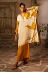 Shop_Basil Leaf_Yellow Crepe Print Bird V-neck Asymmetric Kurta With Flared Pant _Online_at_Aza_Fashions