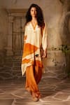 Buy_Basil Leaf_Orange Crepe Print Bird V-neck Asymmetric Kurta With Pant _at_Aza_Fashions