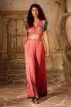 Basil Leaf_Pink Chinon Chiffon Print Tropical Embroidered Twisted Top With Flared Pant _Online_at_Aza_Fashions