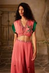 Buy_Basil Leaf_Pink Chinon Chiffon Print Tropical Embroidered Twisted Top With Flared Pant _Online_at_Aza_Fashions