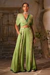 Buy_Basil Leaf_Green Chinon Chiffon Print Floral Embroidered Twisted Top And Flared Pant Set_at_Aza_Fashions