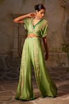 Buy_Basil Leaf_Green Chinon Chiffon Print Floral Embroidered Twisted Top And Flared Pant Set _Online_at_Aza_Fashions