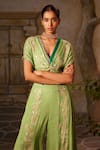 Shop_Basil Leaf_Green Chinon Chiffon Print Floral Embroidered Twisted Top And Flared Pant Set _Online_at_Aza_Fashions