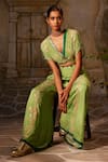 Basil Leaf_Green Chinon Chiffon Print Floral Embroidered Twisted Top And Flared Pant Set _at_Aza_Fashions