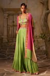 Buy_Basil Leaf_Green Chinon Chiffon Print Tropical Blouse Queen Asymmetric Cape And Pant Set _at_Aza_Fashions