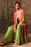 Basil Leaf_Green Chinon Chiffon Print Tropical Blouse Queen Asymmetric Cape And Pant Set _at_Aza_Fashions