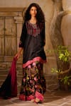 Buy_Basil Leaf_Black Bamberg Satin Print Floral Round Straight Kurta And Sharara Set _at_Aza_Fashions