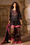 Basil Leaf_Black Bamberg Satin Print Floral Round Straight Kurta And Sharara Set _Online_at_Aza_Fashions