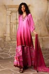 Basil Leaf_Pink Gaji Stain Print Pomegranate Embroidered Straight Kurta And Sharara Set _Online_at_Aza_Fashions