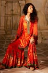 Buy_Basil Leaf_Red Gaji Stain Print Leaf Notched Embroidered Straight Kurta And Sharara Set _Online_at_Aza_Fashions