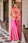 Buy_Label RSD_Pink Top Raw Silk Hand Embroidered Thread Halter Neck Sharara Set _at_Aza_Fashions