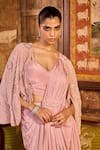 Shop_Label RSD_Pink Blouse And Saree Crepe Embroidered Bead Pre-draped Set With Cape _Online_at_Aza_Fashions