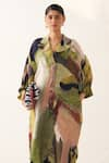 OFRIDA_Multi Color Cotton Moss Crepe Printed Abstract Phoenix Trench Dress _Online_at_Aza_Fashions