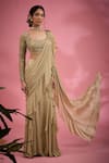 Buy_Show Shaa_Beige Blouse Net Embroidered Floral U Neck Pre-draped Ruffle Saree With _at_Aza_Fashions