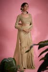 Show Shaa_Beige Blouse Net Embroidered Floral U Neck Pre-draped Ruffle Saree With _Online_at_Aza_Fashions