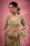 Buy_Show Shaa_Beige Blouse Net Embroidered Floral U Neck Pre-draped Ruffle Saree With _Online_at_Aza_Fashions