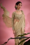 Shop_Show Shaa_Beige Blouse Net Embroidered Floral U Neck Pre-draped Ruffle Saree With _Online_at_Aza_Fashions