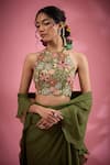 Buy_Show Shaa_Green Blouse And Belt Chanderi Embroidered Floral Halter Pre-draped Saree & Set _Online_at_Aza_Fashions