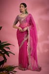 Buy_Show Shaa_Magenta Blouse Chanderi Embroidered Cutwork Leaf Sequins Saree _at_Aza_Fashions