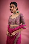 Show Shaa_Magenta Blouse Chanderi Embroidered Cutwork Leaf Sequins Saree _Online_at_Aza_Fashions