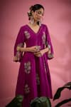 Shop_Show Shaa_Magenta Kurta Chanderi Embroidered Thread V-neck Patch With Pant _Online_at_Aza_Fashions