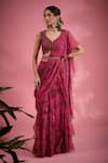 Buy_Show Shaa_Pink Pre-draped Saree Chiffon Printed Half Scallop Leaf Flower And Belt Set _at_Aza_Fashions