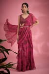 Show Shaa_Pink Pre-draped Saree Chiffon Printed Half Scallop Leaf Flower And Belt Set _Online_at_Aza_Fashions