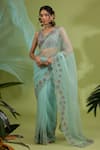 Buy_Show Shaa_Blue Blouse Lota Embroidered Thread V-neck Floral Saree And Set _at_Aza_Fashions